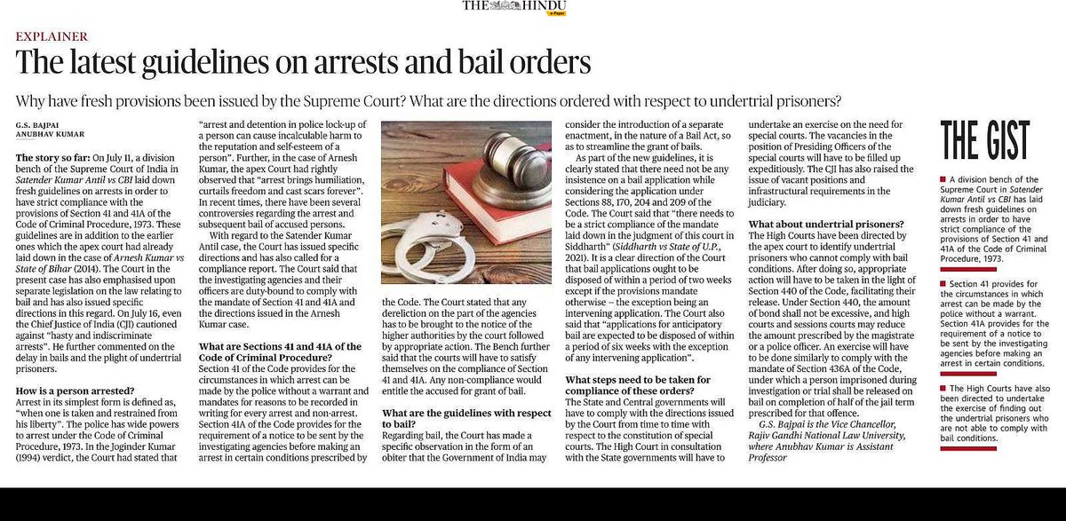A column authored by Prof. (Dr.) G. S. Bajpai, Vice-Chancellor, RGNUL, Punjab and Mr. Anubhav Kumar, Assistant Professor of Law, RGNUL, Punjab in 'The Hindu' of 26th July, 2022 titled as ‘EXPLAINER : The latest guidelines on arrests and bail orders ’.

epaper.thehindu.com/Home/MShareArt…