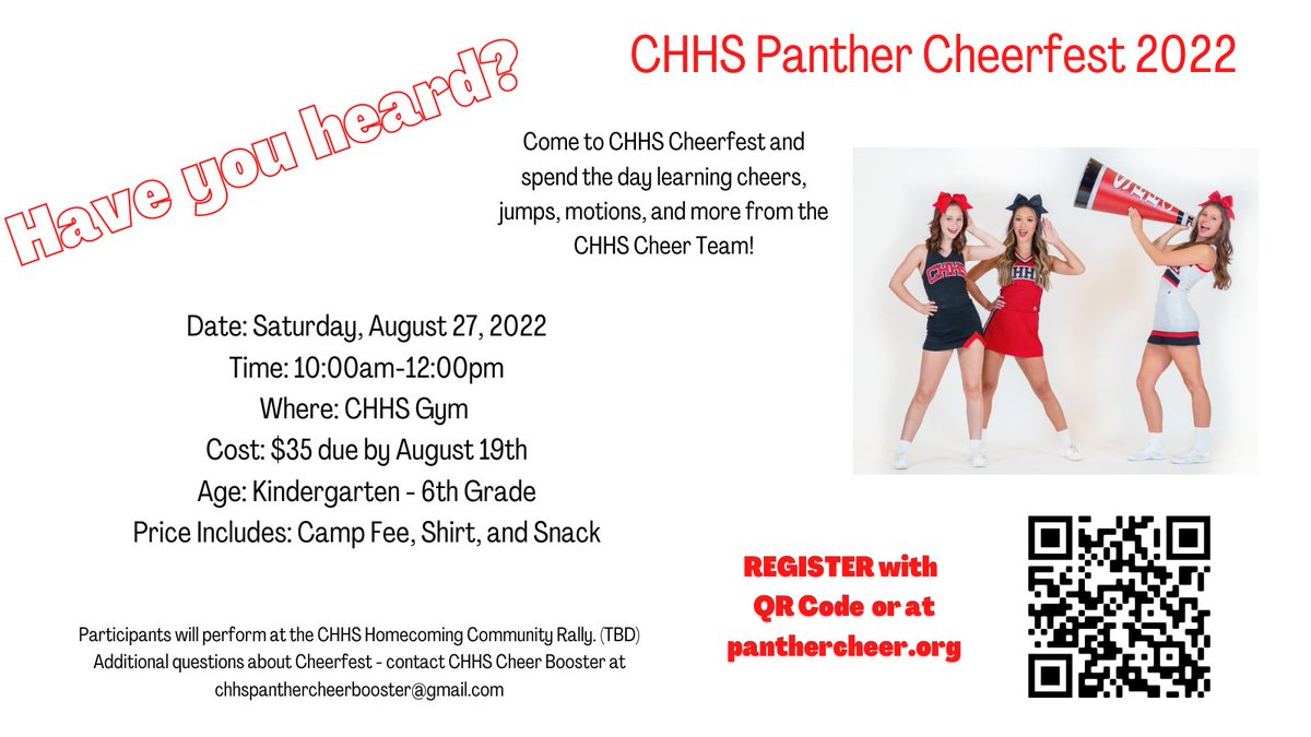 CHPantherCheer's tweet image. Hey @gcisd families!  Can you believe it is that time already?! 📣🎀 Join CHHS Panther Cheerleaders for Cheerfest 2022!  Use the QR code below or sign up at panthercheer.org We can&apos;t wait to see you!   #gcisd @CHPantherPride