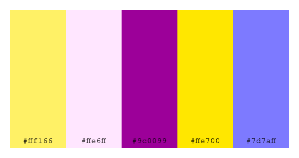 ColPaletteBot's tweet photo. Beep beep, here's a pretty color palette for you! 

color-scheme.js parameters used: 
- hue: 106
- variation: hard
- colors: #fff166, #ffe6ff, #9c0099, #ffe700, #7d7aff

Have a lovely evening!

#twitterbot #colorpalette #colors #palette #prettycolors https://t.co/l5EekMDW2Z