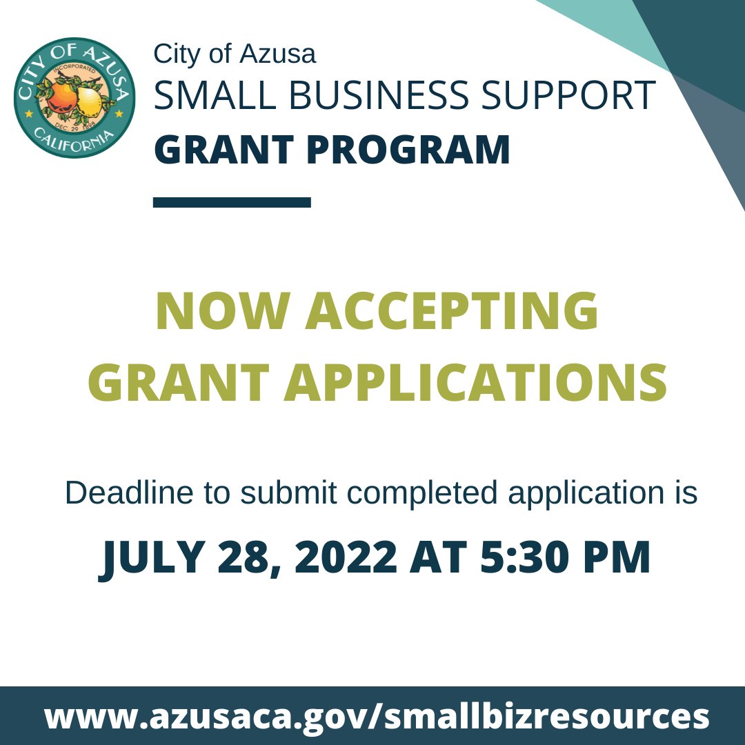 The City is now accepting applications for the Small Business Support Grant Program. Tag your favorite #Azusa business!

For more information visit azusaca.gov/smallbizresour…

Applications will be accepted July 1 to July 28, 2022 at 5:30 PM 

#Azusa #AzusaBiz #CityofAzusa