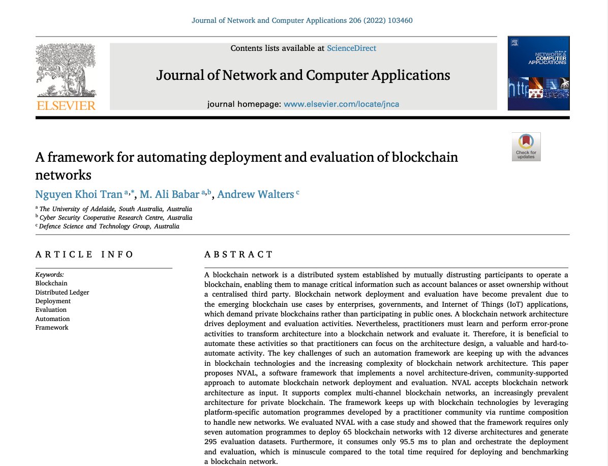 alibabar's tweet photo. Glad to share our paper on #AUTOMATION of #blockchain #networks evaluation: https://t.co/dqJCEEow8Y or https://t.co/nsohbPA6Hf, led by @nktrandlt, this is a result of 3 years collaboration with @DefenceScience; @crest_uofa, #cybersecurity #SoftwareEngineering @comp_science site https://t.co/OhI6h6Qlbu