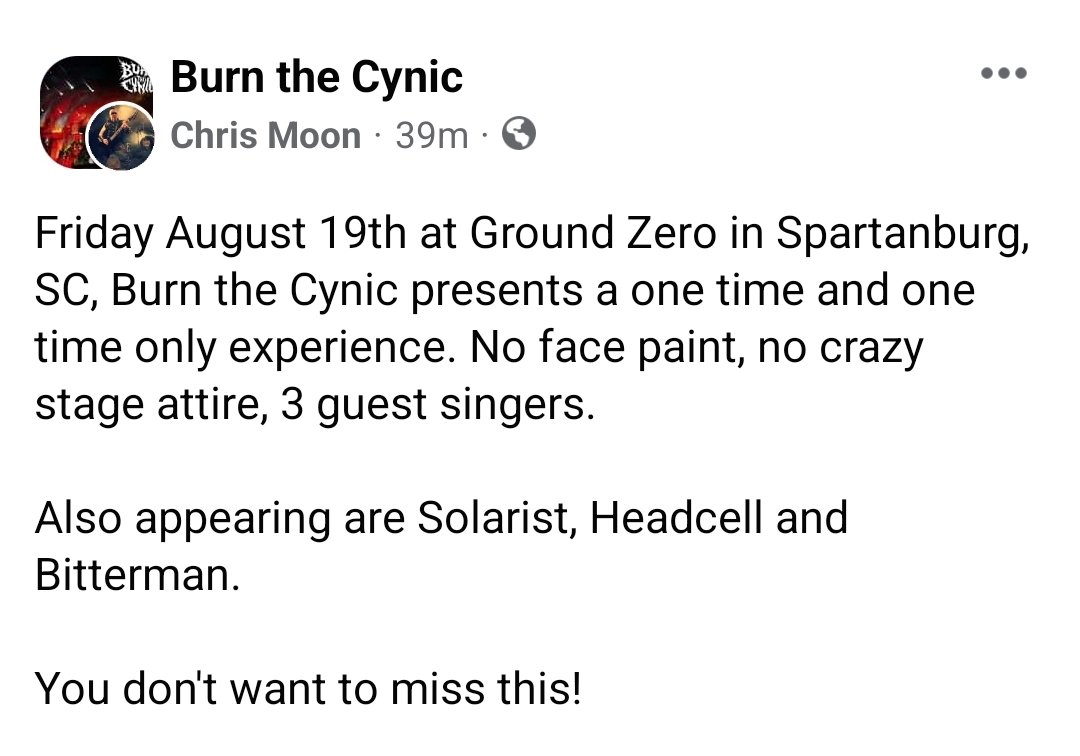 We have parted ways with Jason Graves as our vocalist.

Don't fear though, Burn the Cynic isn't going anywhere. Come join us for this one time experience!

#burnthecynic #Metal #HeavyMetal