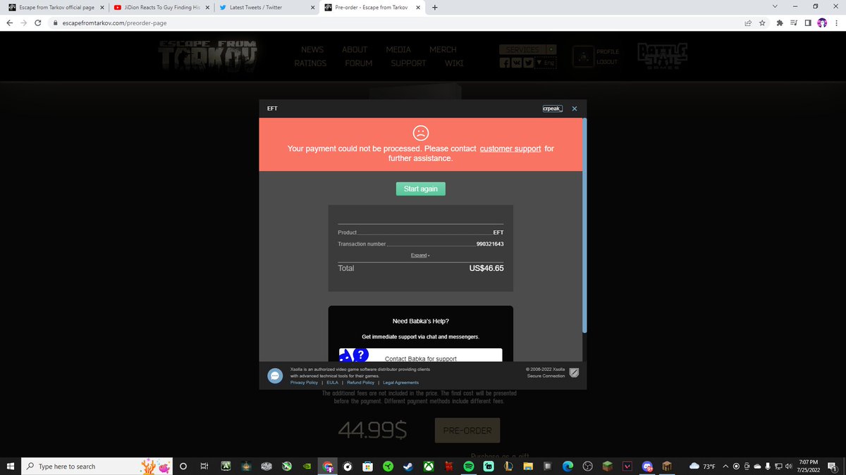 peak_fps's tweet photo. @XsollaSupport Been trying to download Tarkov for the past two hours with zero help from customer support. Is the site just down rn? https://t.co/tLtMcNecRx
