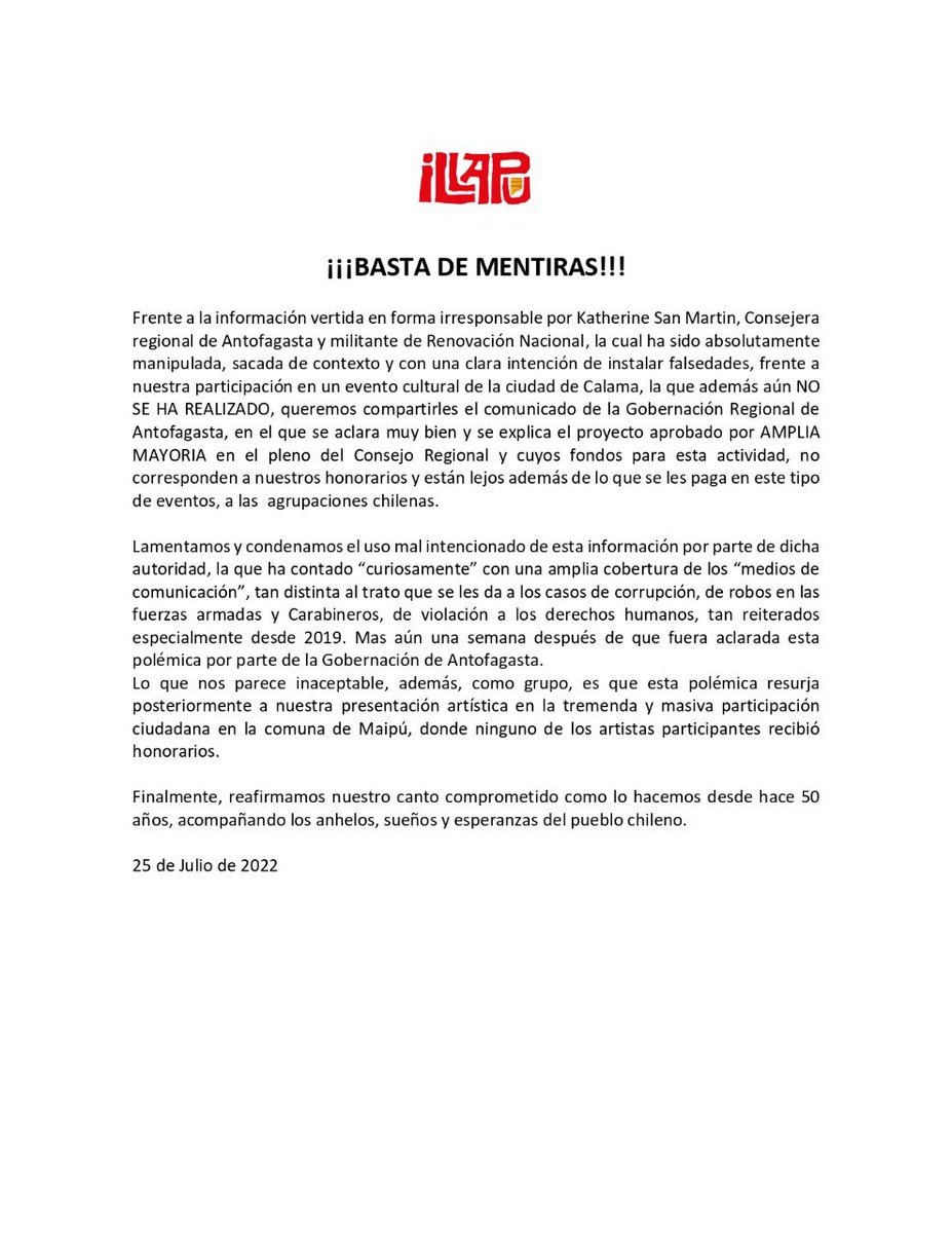 illapu's tweet photo. ¡¡¡BASTA DE MENTIRAS!!!
Frente a la información vertida en forma irresponsable por Katherine San Martin, Consejera regional de Antofagasta y militante de Renovación Nacional, la cual ha sido absolutamente manipulada, sacada de contexto….
https://t.co/yj7bGzvxkJ https://t.co/V49Jx1SjkS