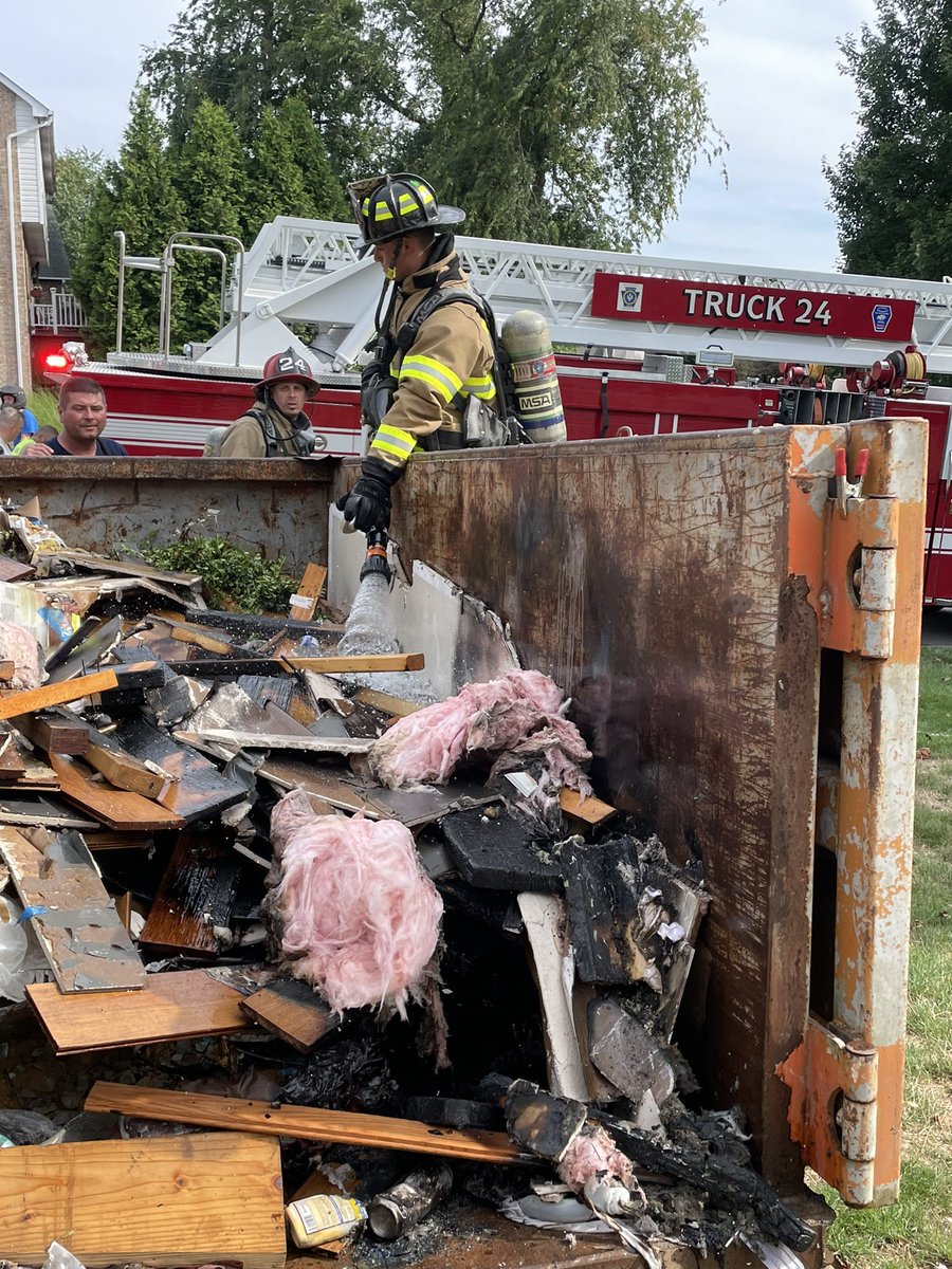 SWGFD24's tweet image. 24 Truck crew assisting Hempfield Twp Fire Department with a dumpster fire originally reported to be against a building.