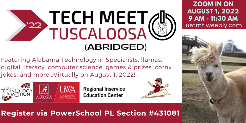 Tech Meet Tuscaloosa returns in one week on August 1 with more <a href="/atimpd/">Technology in Motion</a> specialists than ever, and maybe more llamas and corny jokes! Visit uatmt.weebly.com for details of our free virtual event! <a href="/UofARIC/">UA/UWA Regional Inservice Center</a> <a href="/AlabamaAchieves/">Alabama State Department of Education</a> #uatmt #uamtt