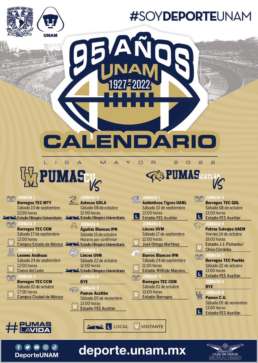 🏈Calendario Liga Mayor 2022
<a href="/PumasCU_fba/">Pumas CU FBA</a> 🔥 <a href="/AcatlanPumas/">Pumas Acatlán Football</a> 
#SoyDeporteUNAM #PumasLaVida