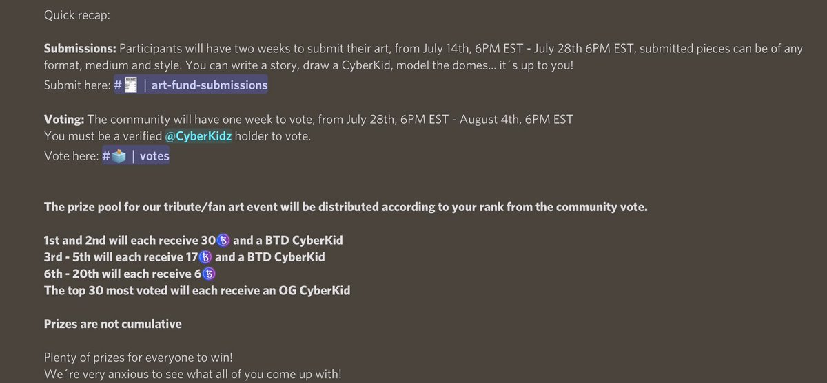 cyberkidzclub's tweet image. Sup #Tezos!

⚠️ *There are 3 days left to join CKC Art Fund Week 10* ⚠️

The art contest has a lot of spots for prizes waiting for your creativity about #CyberKidz at discord.gg/cyberkidzclub! ✨🚀

*No need to be a #CleanNFT 

Here's a recap and some of the CKC fam submissions 🧵