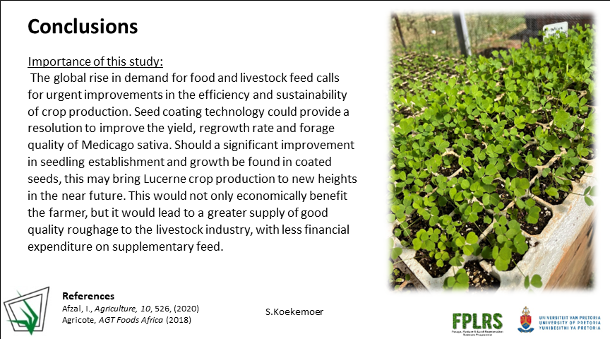 GrasslandSocSA's tweet photo. Improving M.sativa yields, quality and regrowth rate using seed coating technology. #GSSACongress57 #medicagosativa #seedcoating #seedtechnology #lucerne #FPLRS #cropimprovement #agriculturaltechnology #sustainablefarming https://t.co/USKcolTwDb