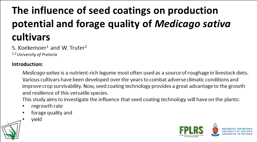GrasslandSocSA's tweet photo. Improving M.sativa yields, quality and regrowth rate using seed coating technology. #GSSACongress57 #medicagosativa #seedcoating #seedtechnology #lucerne #FPLRS #cropimprovement #agriculturaltechnology #sustainablefarming https://t.co/USKcolTwDb