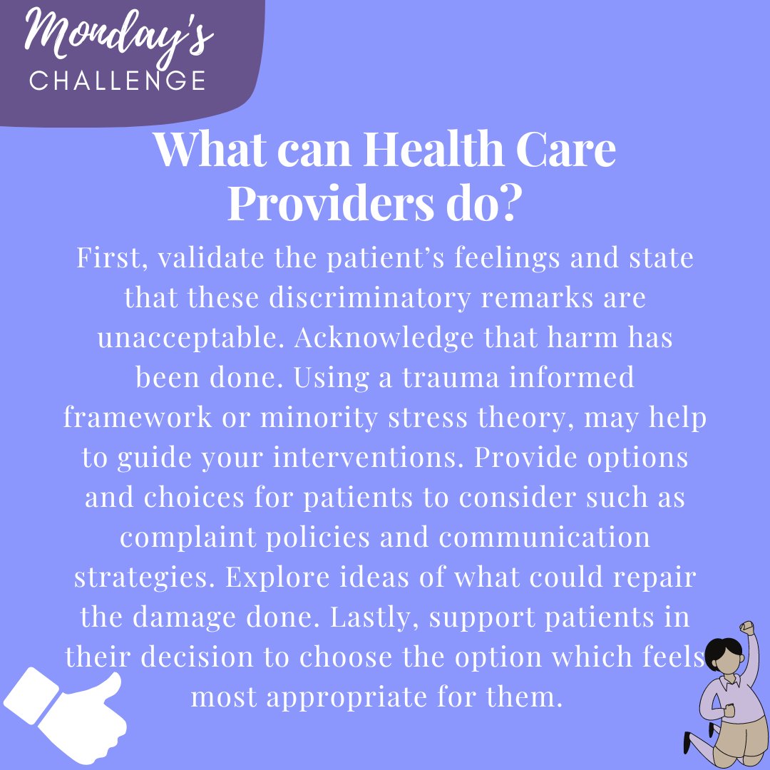 PMChosenFamily's tweet photo. This #MondaysChallenge provides suggestions for mental healthcare providers after their #patient experiences #discrimination from a #healthcareworker. Always validate the patient's feelings, condemn discrimination & provide options for moving forward. @Dr_SchulzQuach #queercancer https://t.co/tQGqMWM3EF