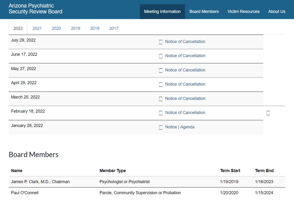 For those following Locked Inside &amp; coverage of Arizona's PSRB, meetings now canceled for 6 months due to lack of quorum. That means 6 months of no check-ins for the state's Guilty Except Insane population. You can see only 2 people on what was once a 5-person state Board.<a href="/12News/">12 News</a>