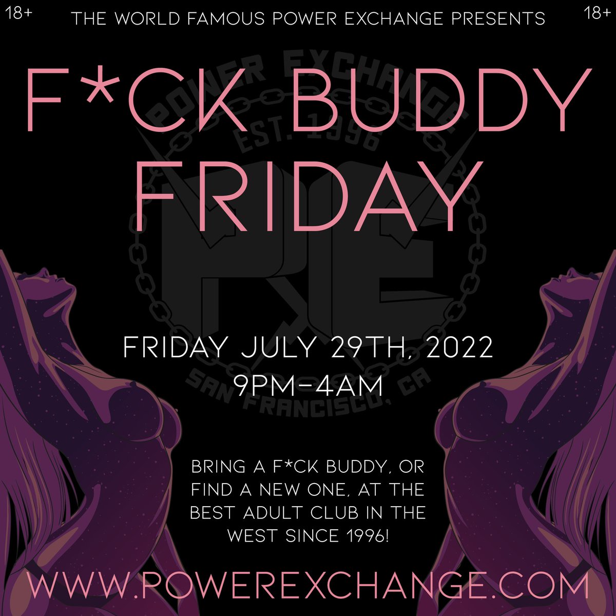 PowerExchange's tweet photo. F*ck Buddy Friday happening this Friday night, July 29th from 9PM to 4AM. Bring your F*ck Buddy, or find a new one. 😈 2 floors open to everyone, and L3 is couples only. Dress to impress! 

#fwb #fb #friendwithbenefits #fbuddies #fbuddy #powerexchange https://t.co/yDJNXFtavL