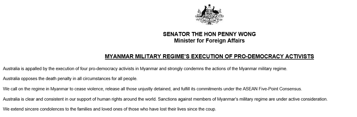annajhenderson's tweet photo. Australia's Foreign Minister Penny Wong condemns the execution of democracy activists in Myanmar @SBSNews https://t.co/1AsFWRVgXS