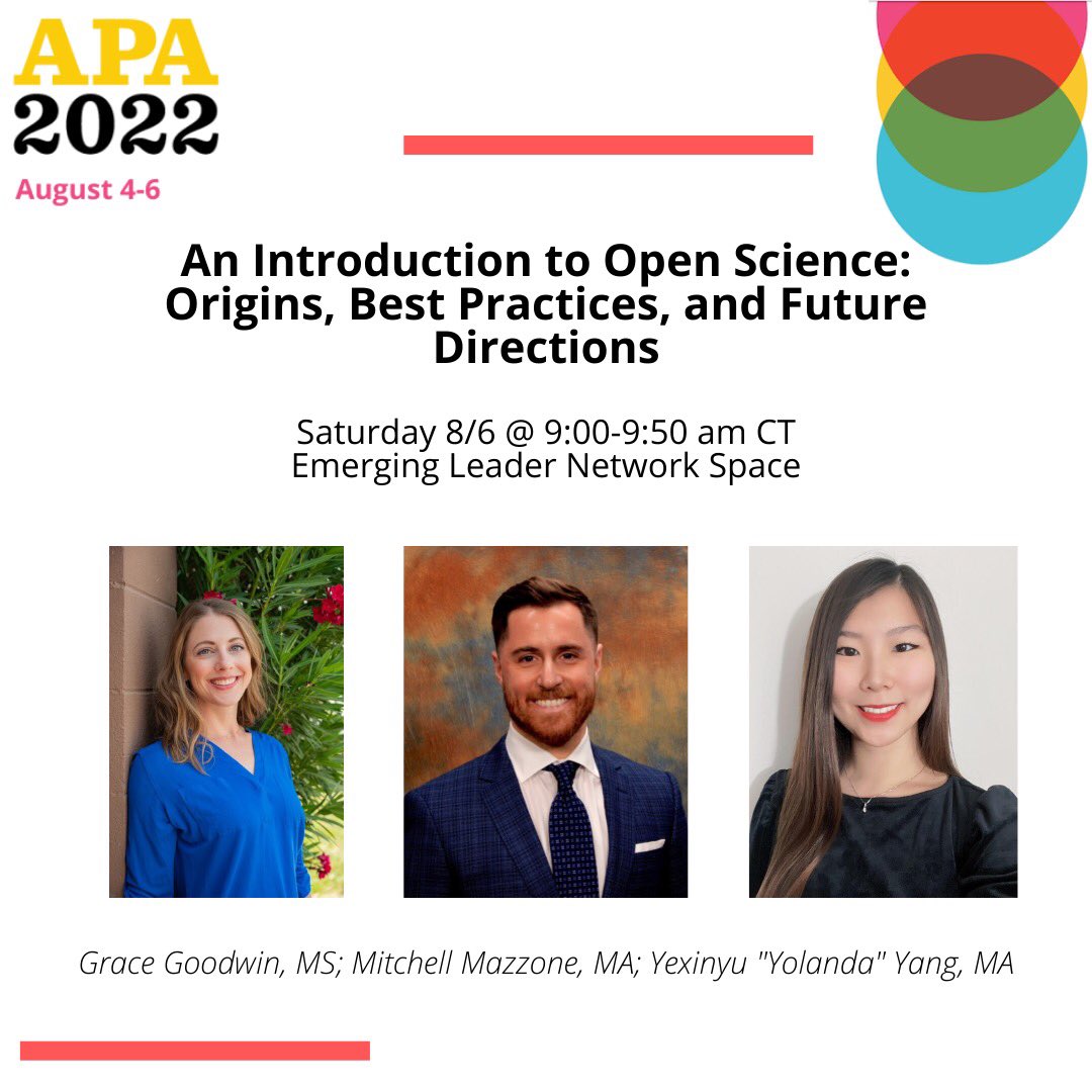 gracejgoodwin's tweet image. Are you attending @APAconvention ? Do you want to learn about open science and open research practices? Come to our talk on Saturday 8/6 from 9-9:50am CT! A lot of passion went into this talk and we’d love to share it with you! #APA2022 #OpenScience @apagradstudents