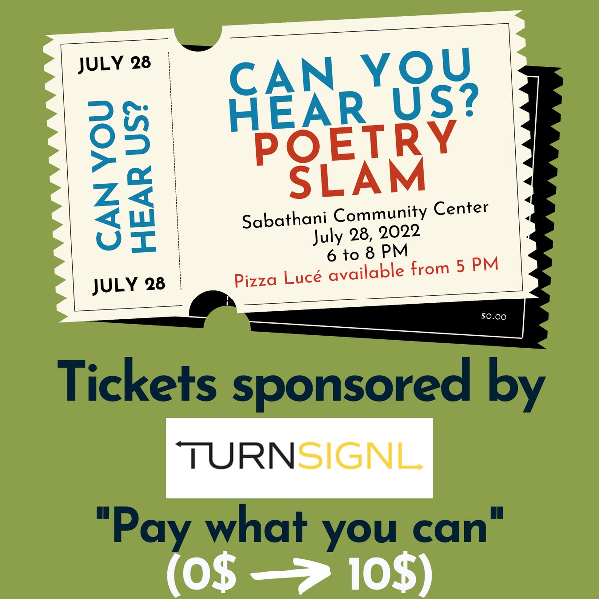Secure your seat (+ free pizza) for Thursday's slam now! 
bit.ly/canyouhearusti…
We are happy to announce TurnSignl as a sponsor of CAN YOU HEAR US?. Their generosity allows us to put tickets on a sliding scale, ranging from 0$ to 10$. 
Hope to see you on Thursday!