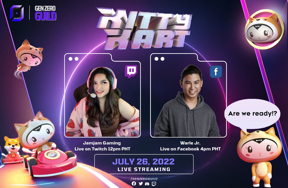 DOUBLE STREAM + NEW GAME

Today we're checking out a fun kart racing game called KittyKart by @KittyInuToken 👀🚗🙌

Let’s head to the track for some hot laps with Jam Jam on Twitch at 12pm PHT and Warle on Facebook at 4pm PHT.

twitch.tv/genzeroguild
facebook.com/genzeroguild