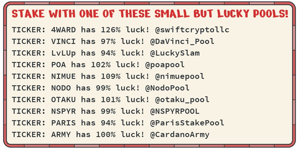 COCO and these other small pools all have good luck, make blocks and return rewards. Stake with them! #cardano <a href="/DaVinci_Pool/">D₳ Vinci | Vince 🎨 SPO</a> <a href="/LuckySlam/">LuckySlam</a> <a href="/poapool/">Proof of Africa POA Stakepool</a> <a href="/nimuepool/">Nimuë Lady of the Lake Pool</a> <a href="/NodoPool/">Nodo</a> <a href="/otaku_pool/">OTAKU - Cardano Stake Pool</a> <a href="/NSPYRPOOL/">NSPYR + 360 Trader 💡CARDANO STAKING💡</a> @ParisStakePool <a href="/CardanoArmy/">Callum Sheehan</a>