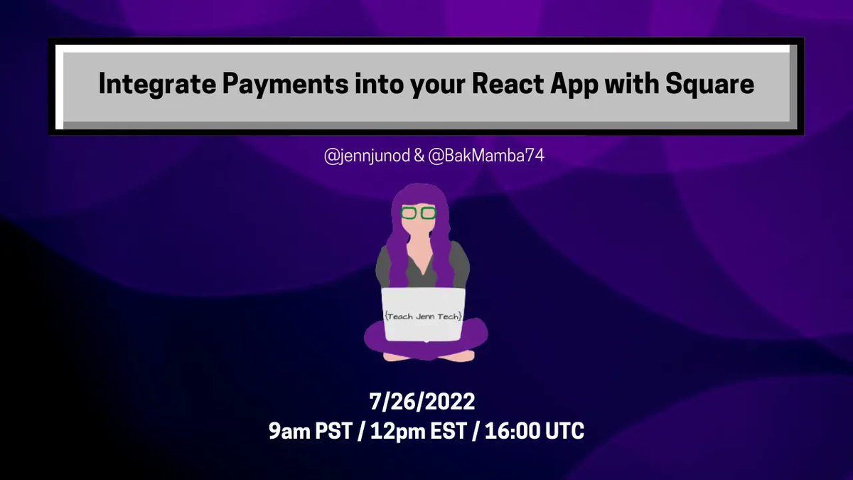 JennJohnC's tweet photo. We're going to be live to learn more stuff!! @BakMamba74 will be joining #teachjenntech to go over "Integrate Payments into your React App with Square".
#react #payments #squaredev #reactjs #reactjsdeveloper #javascript #js https://t.co/6JuIGX38bh