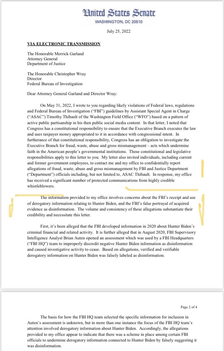 C__Herridge's tweet photo. NEW: Multiple “highly credible” FBI whistleblowers have come forward to senior Senate Republican @ChuckGrassley alleging widespread effort to downplay or discredit negative information about the President 's son Hunter Biden, according to letters @CBSNews https://t.co/hw5kGiTFVv https://t.co/xAgMcpdXMu