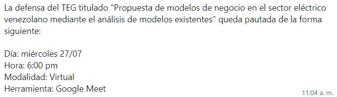 Se informa al público general y los interesados de la presentación del trabajo Especial de Grado.  El enlace será indicado por esta misma vía.