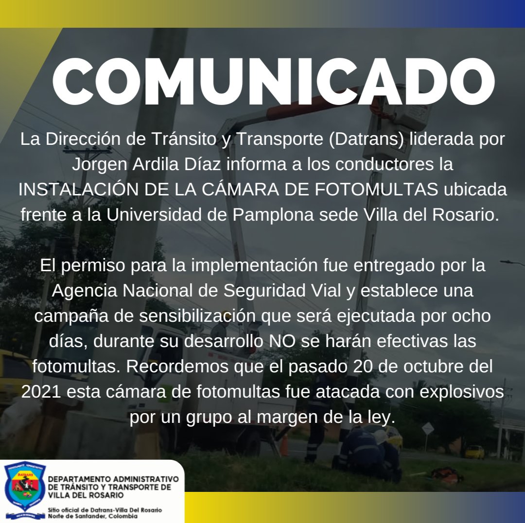DATRANS Villa del Rosario (@datrans_vr) on Twitter photo #Comunicado Instalación de la cámara de fotomultas frente a la <a href="/Unipamplona/">Unipamplona</a> sede Villa del Rosario.
#DATRANS #Transito #Transporte #VilladelRosario #Comunicado Instalación de la cámara de fotomultas frente a la <a href="/Unipamplona/">Unipamplona</a> sede Villa del Rosario.
#DATRANS #Transito #Transporte #VilladelRosario