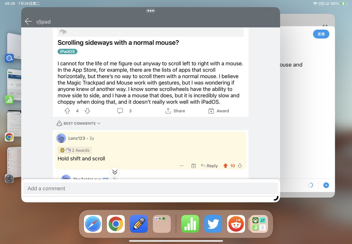 jolyon129's tweet photo. What I learned from reddit today. 
How to scroll sideways on ipad with a normal mouse and keyboard?
Hold shift and scroll. 😄Amazing. https://t.co/qoZthMxkfM