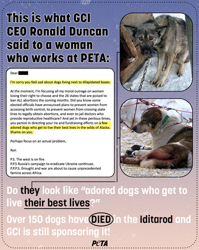 peta's tweet photo. Forcing freezing dogs to run to their deaths IS “an actual problem” that @GCIAK FUNDS!

Sympathy for other social injustices—which apparently Duncan has hardly lifted a finger to help solve—is NO EXCUSE for supporting animal abuse.
Liberty Media: end your #Iditarod sponsorship! https://t.co/QM8cffY5Yf