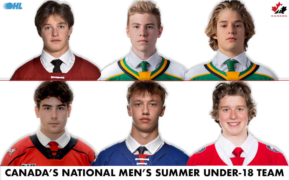 OHLHockey's tweet photo. Six #OHL players have been named to Canada's National Men's Summer Under-18 Team that will compete in the upcoming #HlinkaGretzkyCup from July 31 to August 6 in Red Deer, Alta.

DETAILS 🇨🇦: https://t.co/86ahZPlmr3 https://t.co/iqwyXbUU7t
