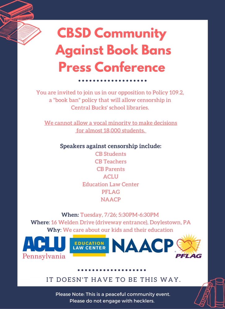 BlairElliot's tweet photo. Tomorrow (Tuesday 7/26) @ 5:30PM! CBSD COMMUNITY AGAINST BOOK BANS PRESS CONFERENCE! #saynotofascism #nofascism #nofascistusa #buckscounty #buckscountypa #doylestown #doylestownpa #cbsd #centralbucksschooldistrict https://t.co/LSCmQpqZvn