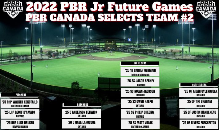 🚨 𝐏𝐁𝐑 𝐉𝐮𝐧𝐢𝐨𝐫 𝐅𝐮𝐭𝐮𝐫𝐞 𝐆𝐚𝐦𝐞𝐬 𝐑𝐨𝐬𝐭𝐞𝐫 𝐑𝐞𝐯𝐞𝐚𝐥 🚨

These 15 players will represent the PBR Canada Selects Team #2 at the Junior Future Games in Georgia this week.

#PBRJFG || #BeSeen🇨🇦