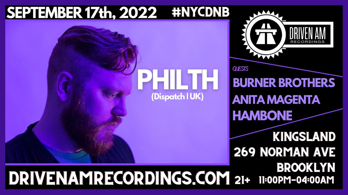 We are back at The Kingsland with the Driven AM debut of <a href="/philthdj/">Phil Robinson</a> ! Alongside some of NYC's best <a href="/TheBurnerBros/">The Burner Brothers</a> <a href="/ALSEEN/">DJ SEEN</a> <a href="/ctburners/">CT Burners</a> Anita Magenta, Hambone on September 17th!  
#NYCDNB #Drumandbass
ticketfairy.com/event/philth-b…