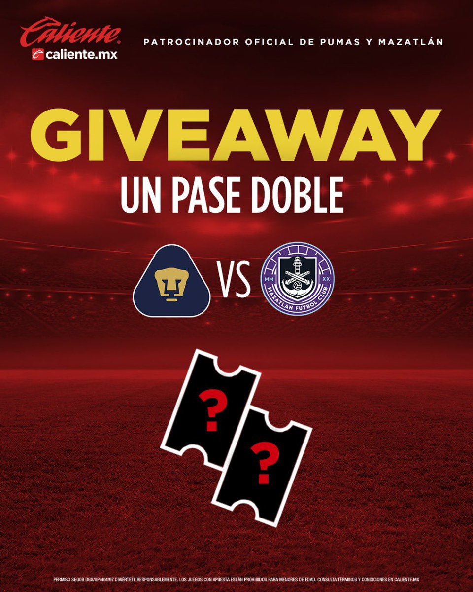 calientesports's tweet photo. 🔥GIVEAWAY PUMASBOYZ🔥

¡GANA UN PASE DOBLE para el #Pumas vs #MazatlánFC! 🎟🎟
 
1⃣ Sigue a @calientesports en TW e IG en este link 📲https://t.co/gmLl9sn5K4
2⃣ Dale 🔁 y ❤️
3️⃣ Comenta este tuit con el hashtag #MásAcciónMásDiversión 

¡Se rifarán DOS pases dobles! 📲 https://t.co/MBdGxHQyMC