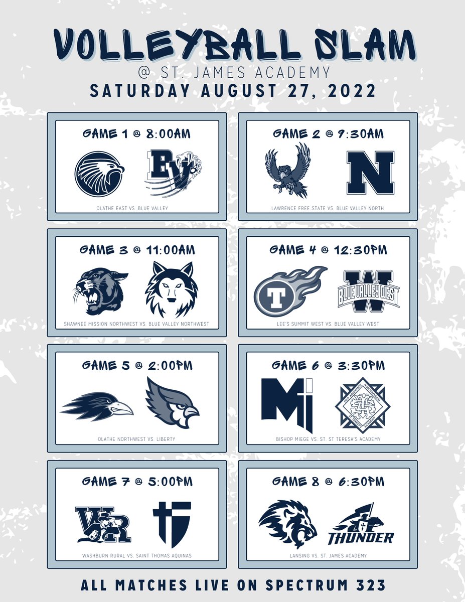 SJA_Gameday's tweet photo. 16 teams. 
8 games. 
1 action-packed day of volleyball.

🗓️ Saturday, August 27
📍 @SJAThunder
📺 All matches LIVE on Spectrum 323

@SpecSportsKC https://t.co/ARwuloifB5