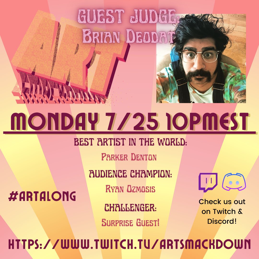 FartSmackdown's tweet photo. Not only do we have a very cool Guest Judge today in Brian Deodat from the band @powertrash69, we also have a SURPRISE GUEST CHALLENGER who you already know and love!!!😻 10pm EST tonight! 
Tune in and 🎨#artalong🖌 #paint #draw #art #artistsontwitter #artshow #artitout #twitch https://t.co/YrJMTIg6Hb