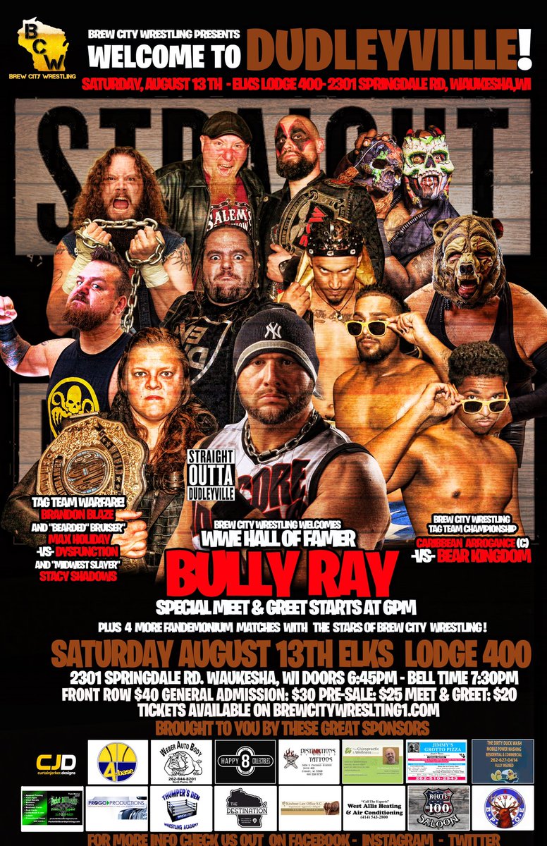 bullyray5150's tweet photo. Waukesha, Wisconsin

See ya in a couple weeks!!

Seminar on Friday 8/12. Open to Men-Women-Beginners-Advanced-Pro.

Brew City Wrestling Show Sat. 8/13

For Tickets:
https://t.co/2hVdgxCyHE 

#WWERaw 
@bcw1 https://t.co/XMiEhp1WkL