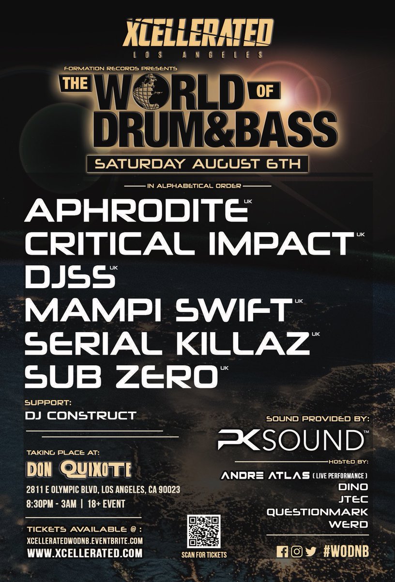 Xcellerated (@xcellerateddnb) on Twitter photo Sat August 6th 🌍<a href="/WODNB/">#WODNB</a> 2022 LA🌴
Feat Best Sound System in USA “PK Trinity” Sound by <a href="/breakn_ent/">BNE Event Services</a> & <a href="/PKsound/">PK Sound</a> 🔊
New Giant Venue😱
<a href="/DonQuixoteLA/">Don Quixote</a>
6 UK headliners
@djaphrodite
Critical Impact
<a href="/djssformation/">Djss❤️.</a>
<a href="/mampi_swift/">Mr Swift</a>
<a href="/Serial_Killaz/">Serial Killaz</a>
<a href="/subzeroplayaz/">sub zero</a>
Tix🎟
xcelleratedwodnb.eventbrite.com Sat August 6th 🌍<a href="/WODNB/">#WODNB</a> 2022 LA🌴
Feat Best Sound System in USA “PK Trinity” Sound by <a href="/breakn_ent/">BNE Event Services</a> & <a href="/PKsound/">PK Sound</a> 🔊
New Giant Venue😱
<a href="/DonQuixoteLA/">Don Quixote</a>
6 UK headliners
@djaphrodite
Critical Impact
<a href="/djssformation/">Djss❤️.</a>
<a href="/mampi_swift/">Mr Swift</a>
<a href="/Serial_Killaz/">Serial Killaz</a>
<a href="/subzeroplayaz/">sub zero</a>
Tix🎟
xcelleratedwodnb.eventbrite.com