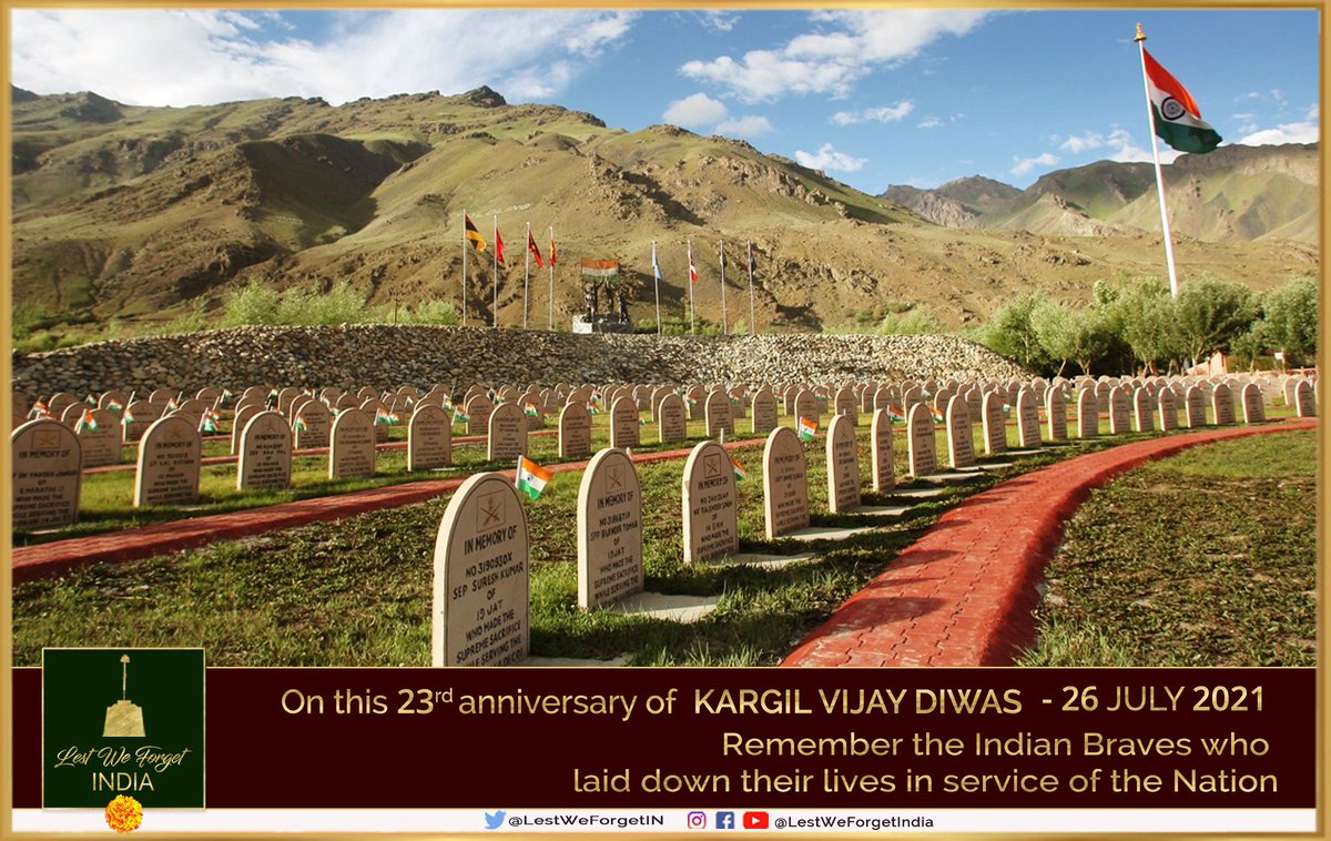 LestWeForgetIN's tweet photo. #RememberingKargil

#LestWeForgetIndia🇮🇳 
On 23rd anniversary of #KargilVijayDiwas 26 July 2022, we pay homage to the supreme sacrifice of 559 #IndianBraves who gave their all in service of the Nation during #OpVijay

Remember their valiant sacrifice, and that of their families https://t.co/Z2ww5HPquw