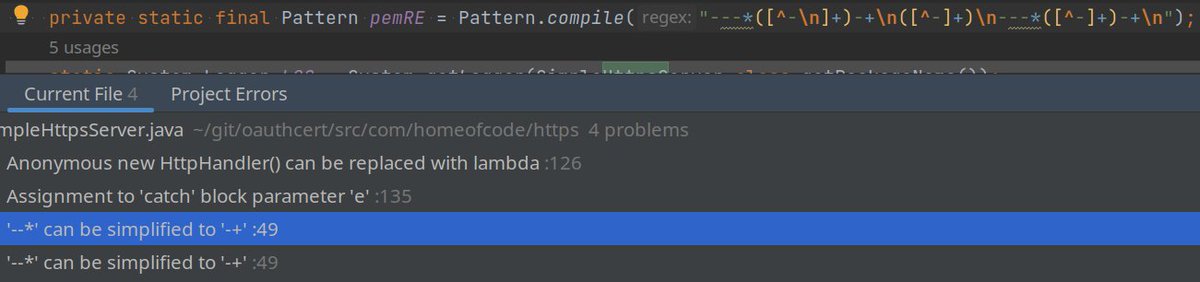 BenTheSpartan's tweet photo. intellij is suggesting improvements to regular expressions now! <3 <3 <3 https://t.co/iYqr6EmUW8