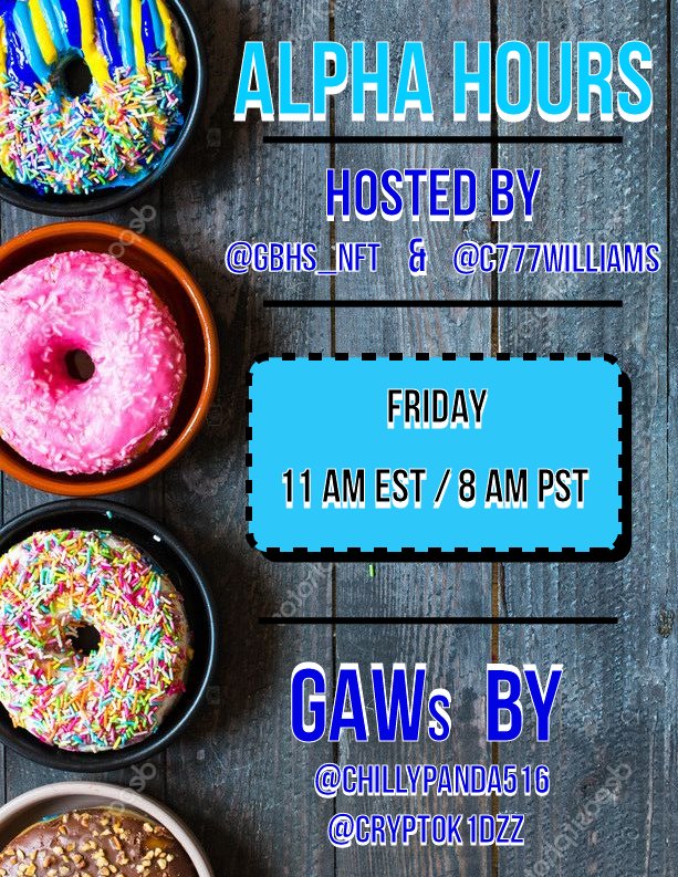 #FRIDAYALPHAHOURS
#AF

Join us Friday for a super chill space! 
11am EST/8am PST

Hosted by:
<a href="/c777williams/">Chris Williams</a>
@GBHS_NFT

As always, <a href="/ChillyPanda516/">ChillyPanda516</a>  will have a giveaway running - plus more from our sponsors! So stay tuned.

Set those reminders! 👇 x.com/i/spaces/1ypKd…
