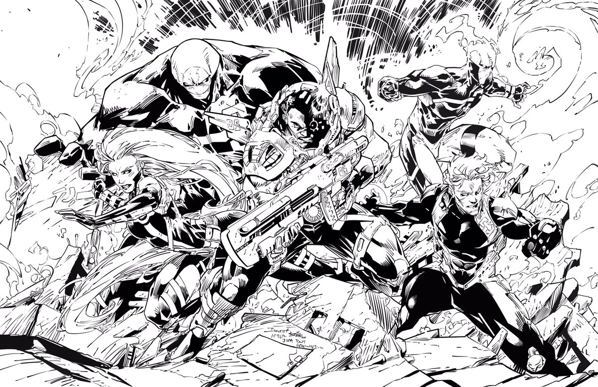 JamesLeeStone's tweet photo. Finished the @Demonpuppy #Stormwatch homage cover to @JimLee 
Over 12hrs on and off on my @Twitch channel #inking live in @Procreate #ScottClark #BrandonChoi #Wildstorm https://t.co/OAez8XWluQ