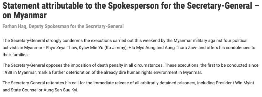 The UN Secretary-General strongly condemns the executions carried out by the Myanmar military. un.org/sg/en/content/…