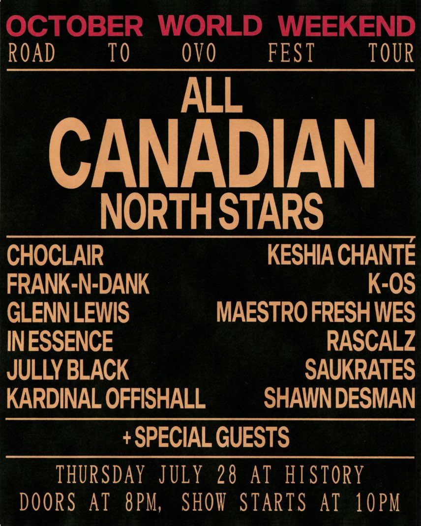 OVOSound's tweet photo. This Thursday we celebrate who paved the way for us at @historytoronto 🇨🇦 Tickets on sale at noon tomorrow @ticketmaster

@Drake https://t.co/fwkGaNLA8R