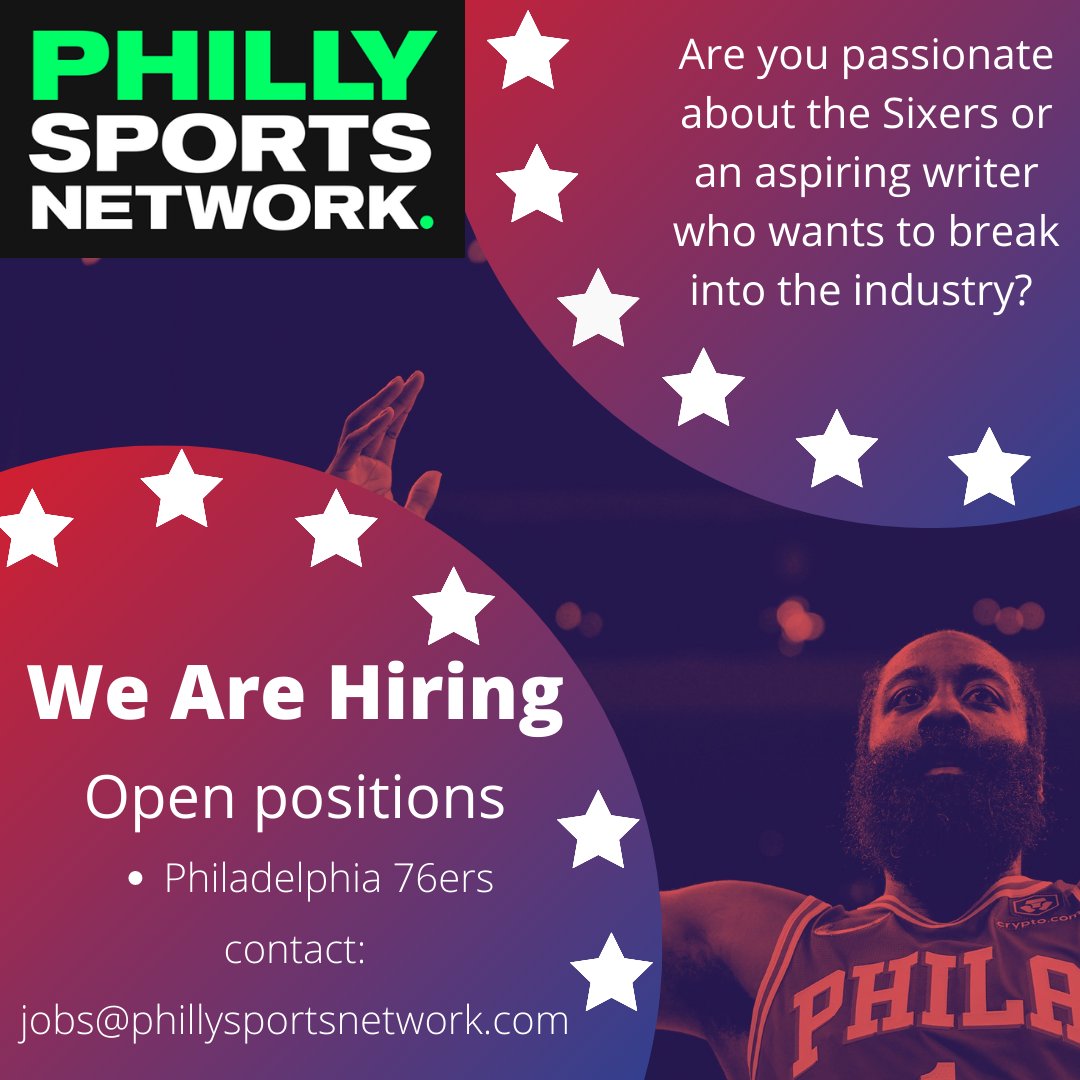 PhiladelphiaSN's tweet photo. Philadelphia!!!!

If you’re passionate about the Philadelphia 76ers, an aspiring writer, or someone who wants to break into the industry:

@PhiladelphiaSN
 is hiring for our Sixers team! 

Shoot us an email!!!

jobs@phillysportsnetwork.com

*Experience preferred but not required* https://t.co/0fCWWp3rDE
