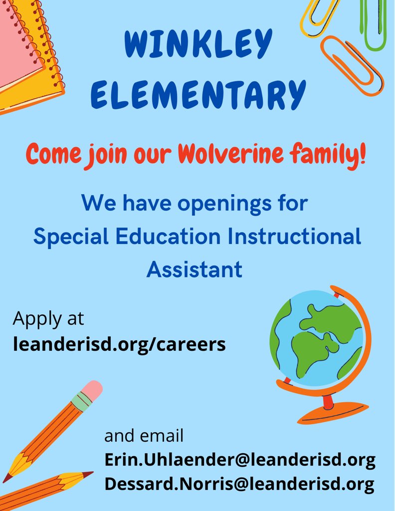 WinkleyElem's tweet image. If you are in the Leander area and want to make a positive impact, we have a job for you! Winkley is an amazing learning community &amp;amp; our learners &amp;amp; staff need your support. Please reach out or spread the word! #WinkleyEmpowers