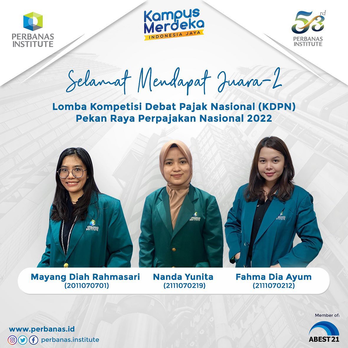 🏆Membanggakan🏆 Selamat kepada Perwakilan Tim Perbanas Institute, yang  telah berhasil meraih Juara II dan Juara III dalam Kompetisi Debat Pajak  Nasional (KDPN) Pekan Raya Perpajakan Nasional 2022 yang diselenggarakan di  Politeknik Keuangan, image size:1181x1181