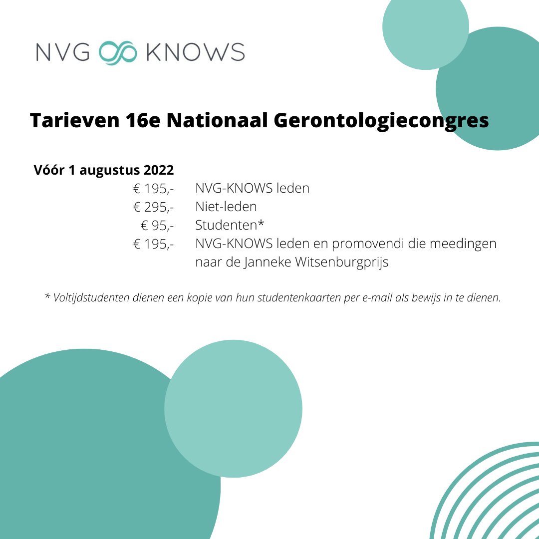 Heeft u zich al ingeschreven voor het 16e Nationaal Gerontologiecongres? 
Voorinschrijving tegen gereduceerd tarief is mogelijk tot en met 1 augustus 2022. Wees er dus snel bij!
Inschrijven kan via: hubs.li/Q01gD67M0
#gerontologie #nvgknows