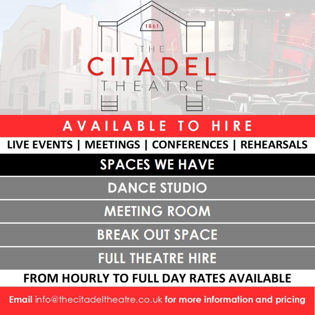 The Citadel Theatre (@thecitadel1861) on Twitter photo 🎭 Did you know we are more than just a theatre?
At The Citadel Theatre, St Helens we are able to host a wide variety of events, meetings and rehearsals.
These can be hired at an hourly rate or full day cost
📧 For more information please email info@thecitadeltheatre.co.uk 🎭 Did you know we are more than just a theatre?
At The Citadel Theatre, St Helens we are able to host a wide variety of events, meetings and rehearsals.
These can be hired at an hourly rate or full day cost
📧 For more information please email info@thecitadeltheatre.co.uk