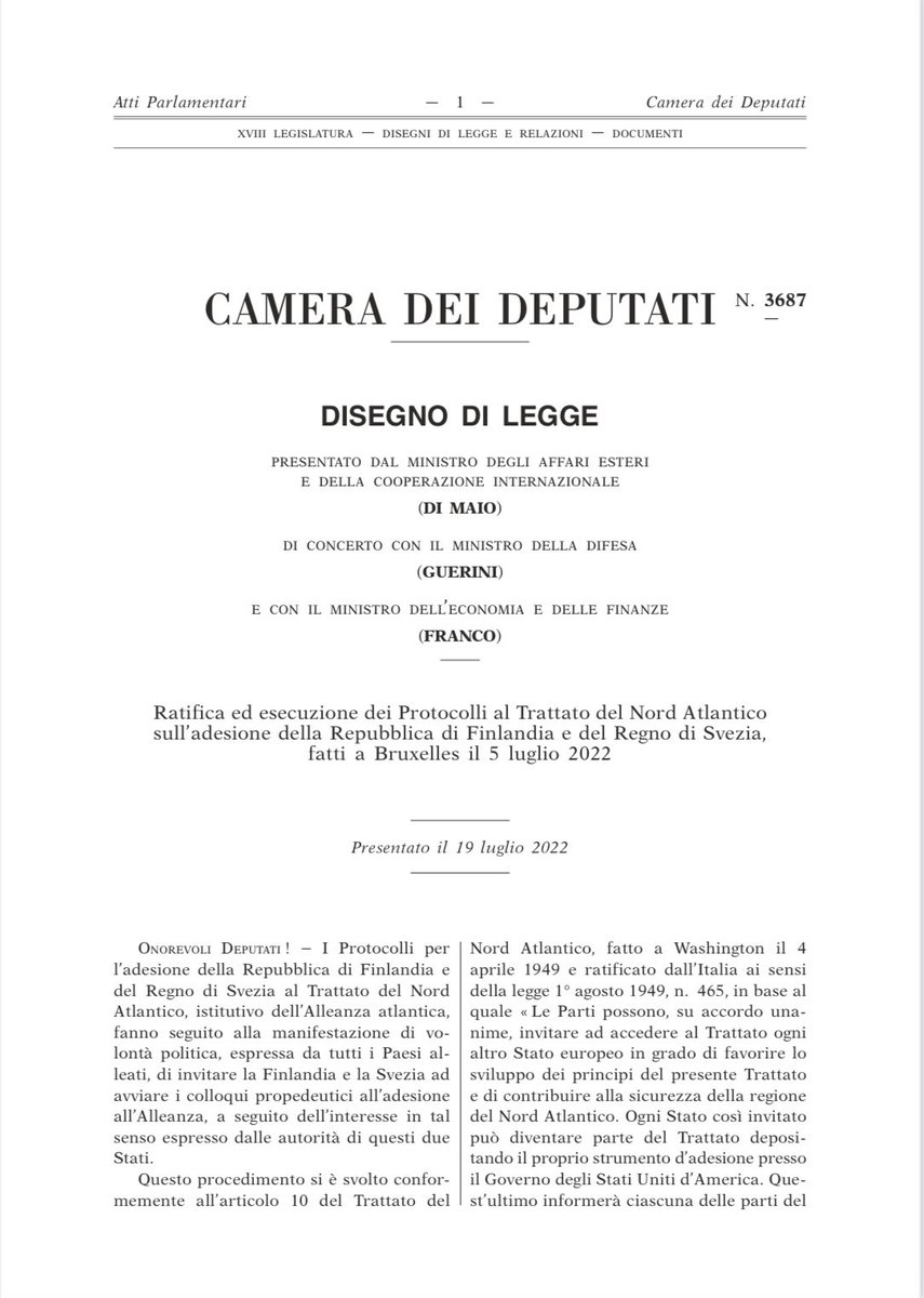 🇮🇹🗣 In corso le comunicazioni del #Governo sulla partecipazione #Italia alle #missioni internazionali davanti III-IV Commiss. riunite di Camera &amp; Senato

Al termine, le relazioni sulla Ratifica ed esecuzione Protocolli per ingresso #Finlandia 🇫🇮 e #Svezia 🇸🇪 nella #NATO