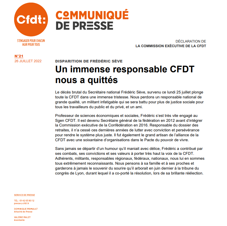 CFDT's tweet image. || COMMUNIQUÉ DE PRESSE || Disparition de Frédéric Sève. Un immense responsable CFDT nous a quittés. cfdt.fr/portail/presse…